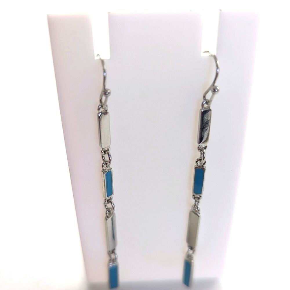 Lane Bryant Long Silver Tone Turquoise Enamel Boho Chic Hook Earrings